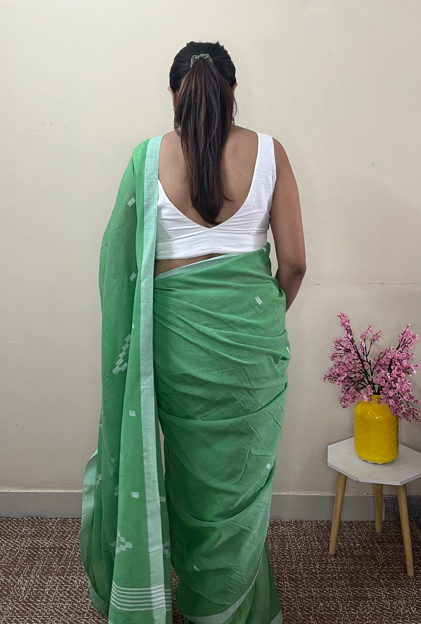 Green Pure Cotton Handloom Saree with Buta Jamdani All Over
