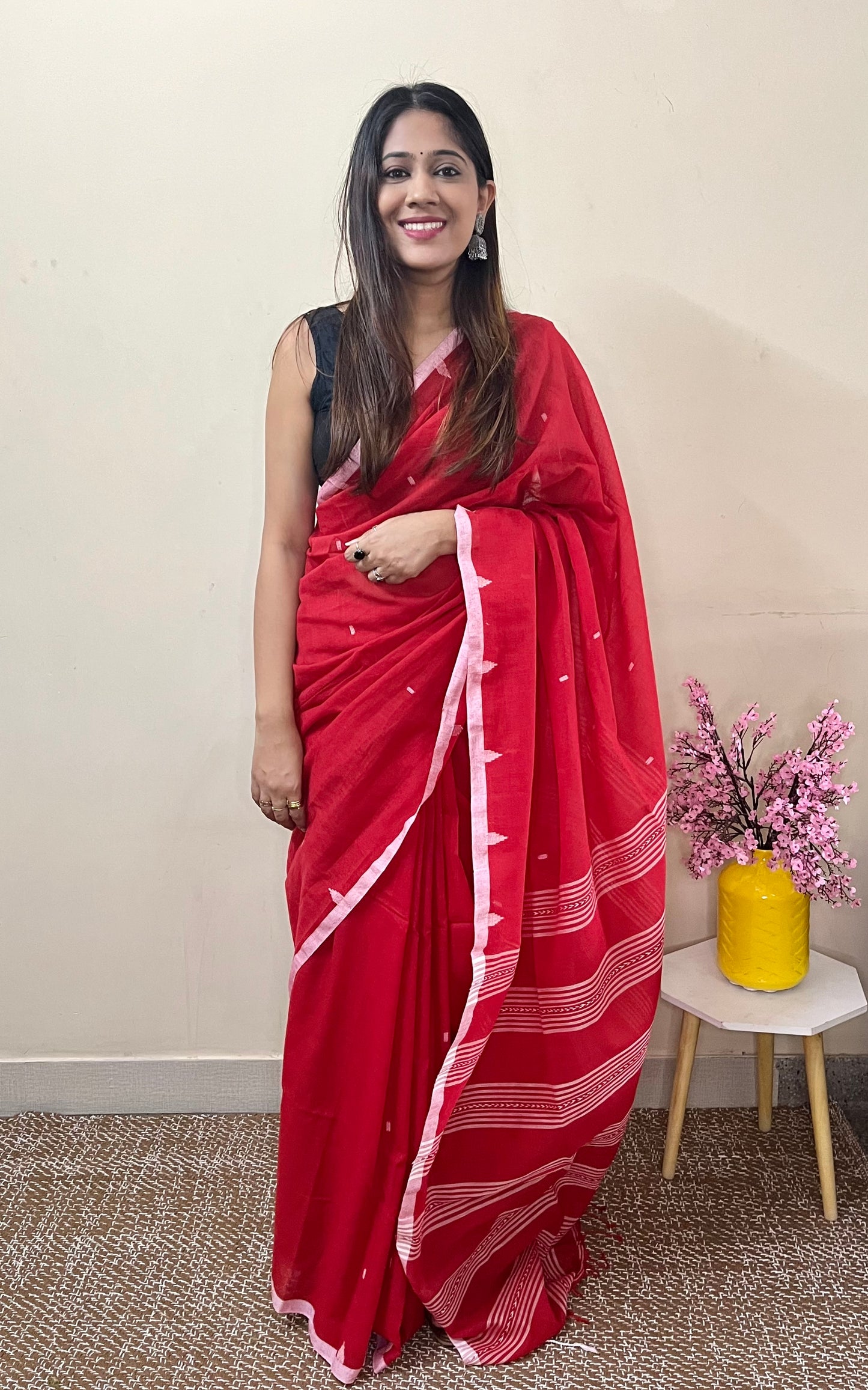 Red Handloom Mark Dhanikhali Mul Cotton Saree