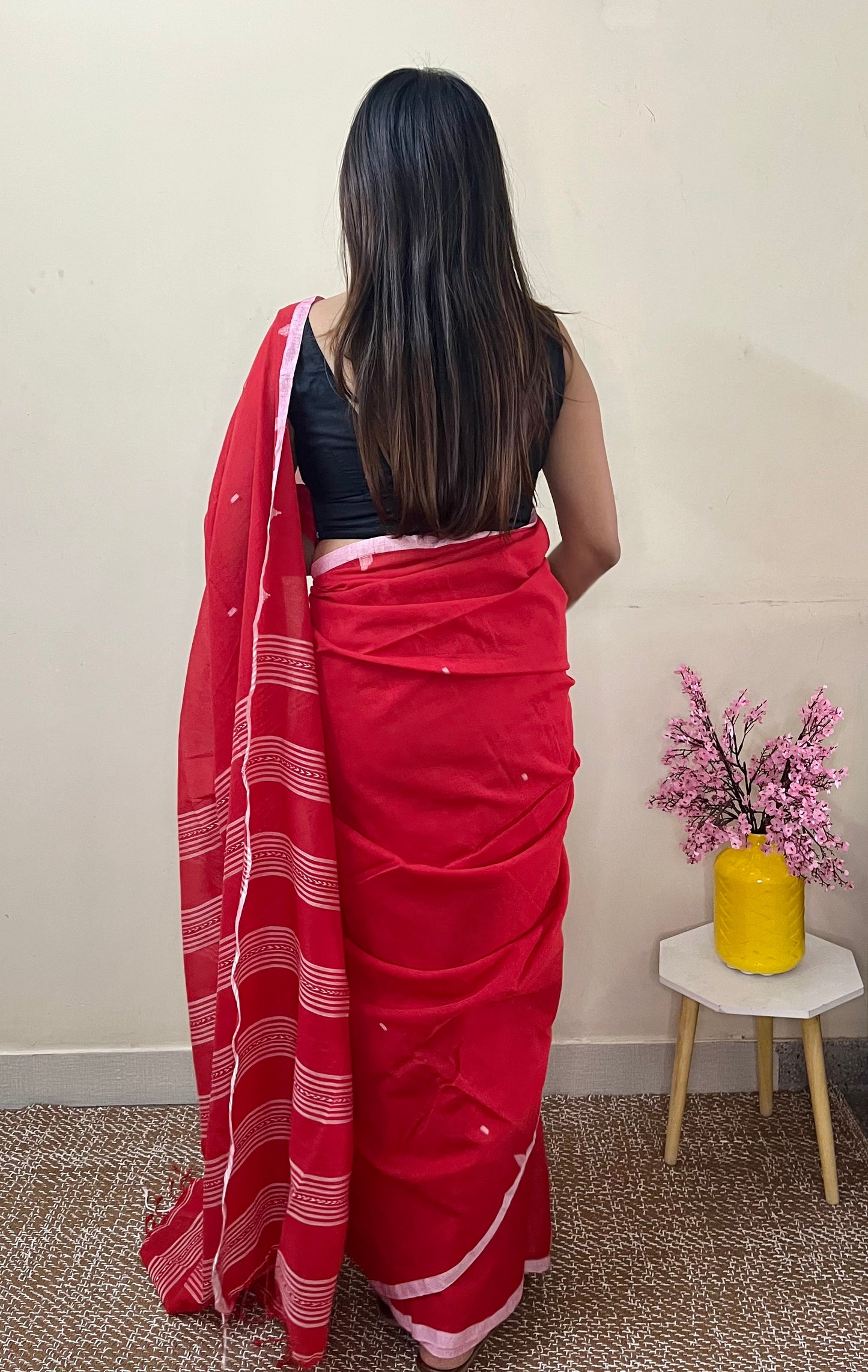 Red Handloom Mark Dhanikhali Mul Cotton Saree