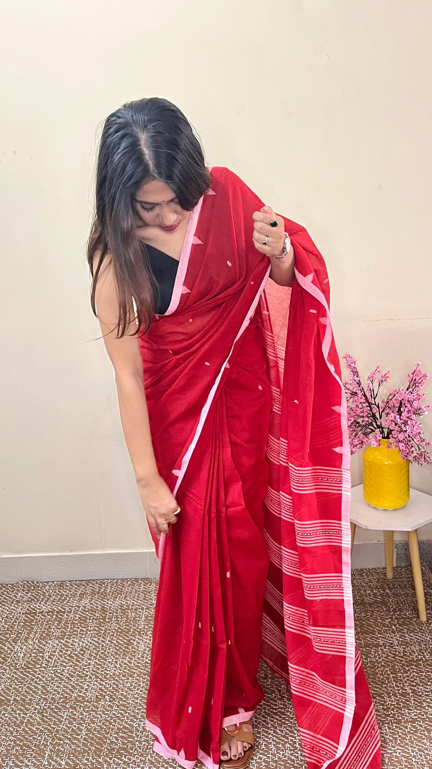 Red Handloom Mark Dhanikhali Mul Cotton Saree