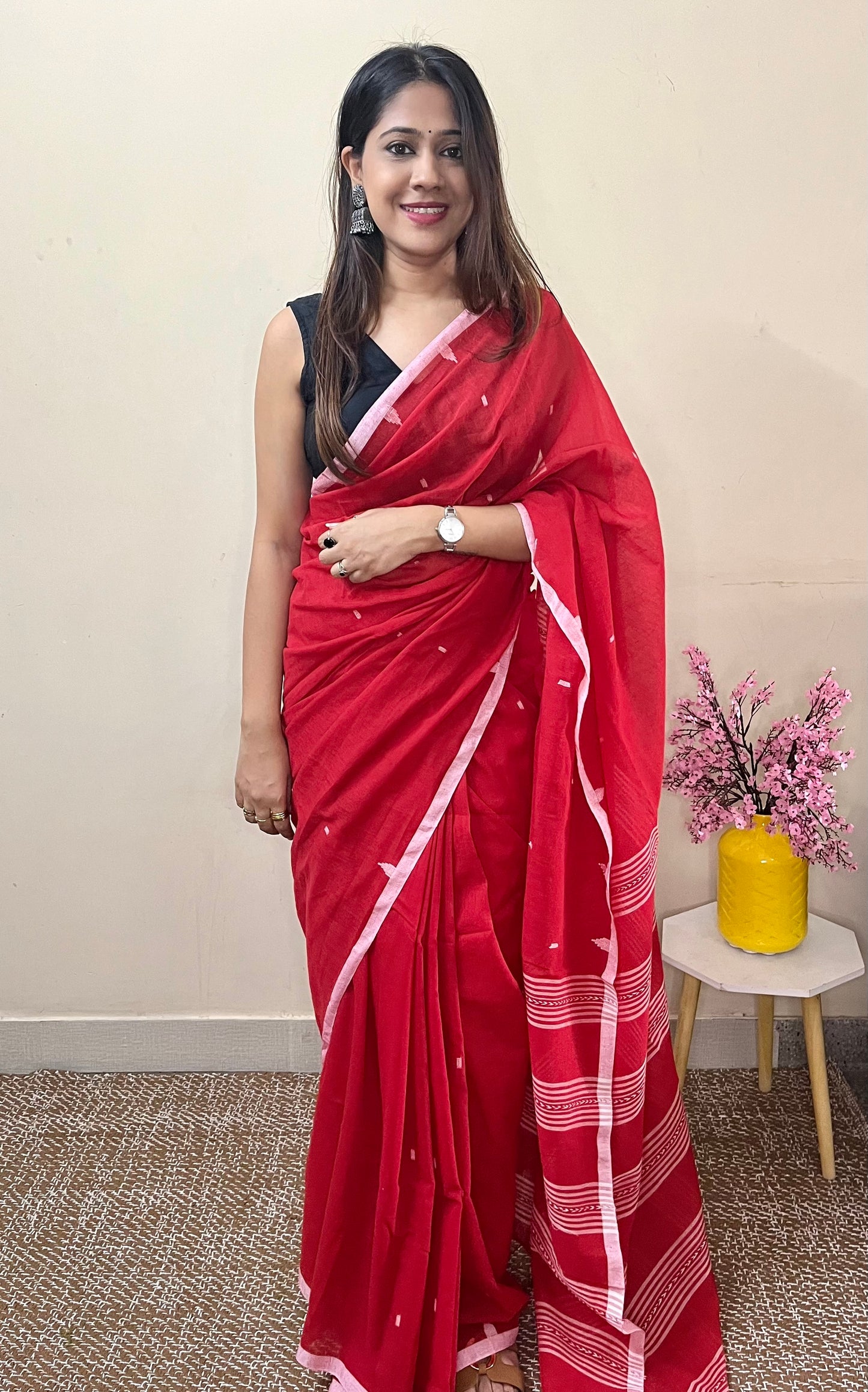 Red Handloom Mark Dhanikhali Mul Cotton Saree