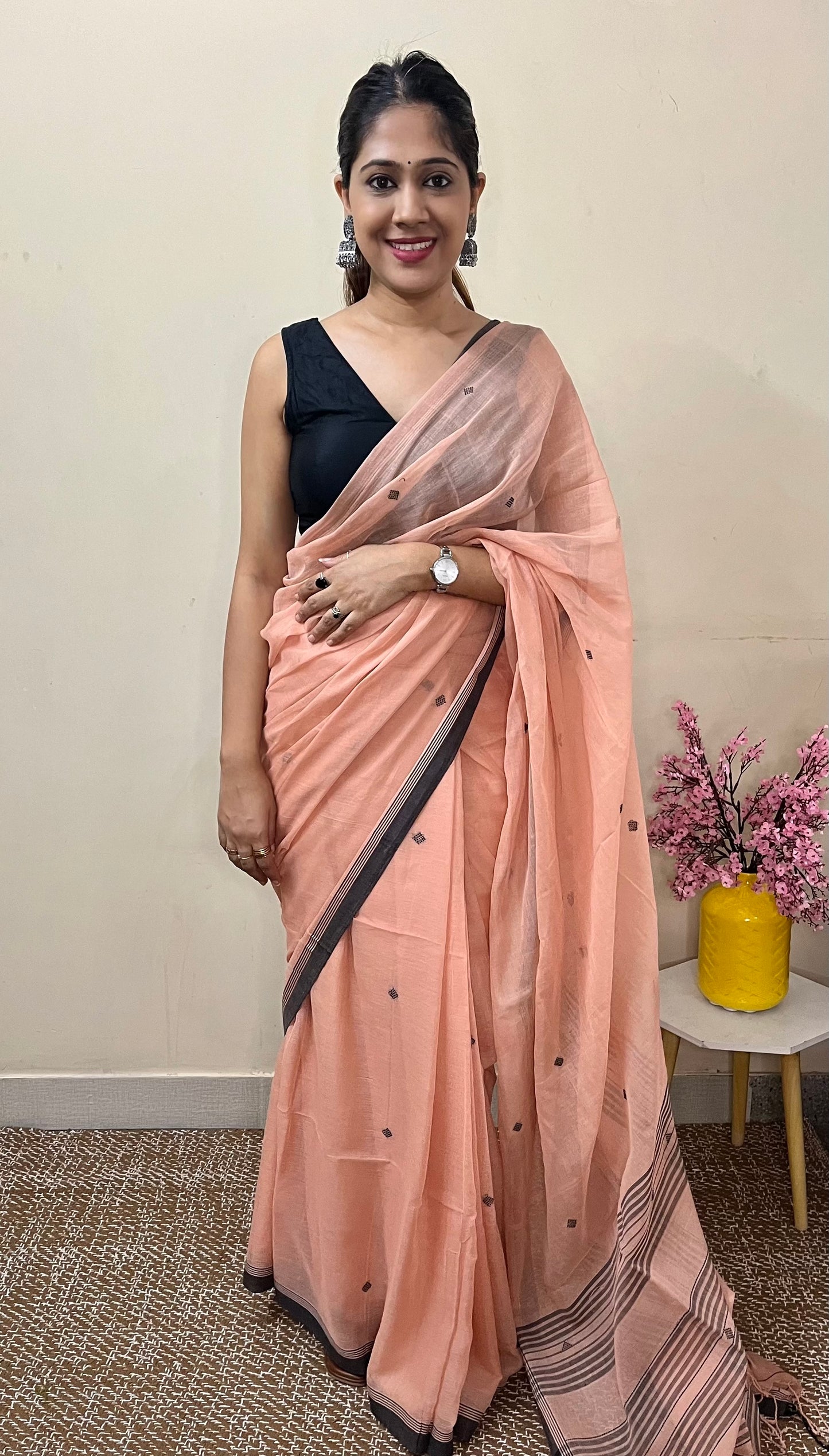 Peach Handloom Mark Pure Cotton Handloom Saree
