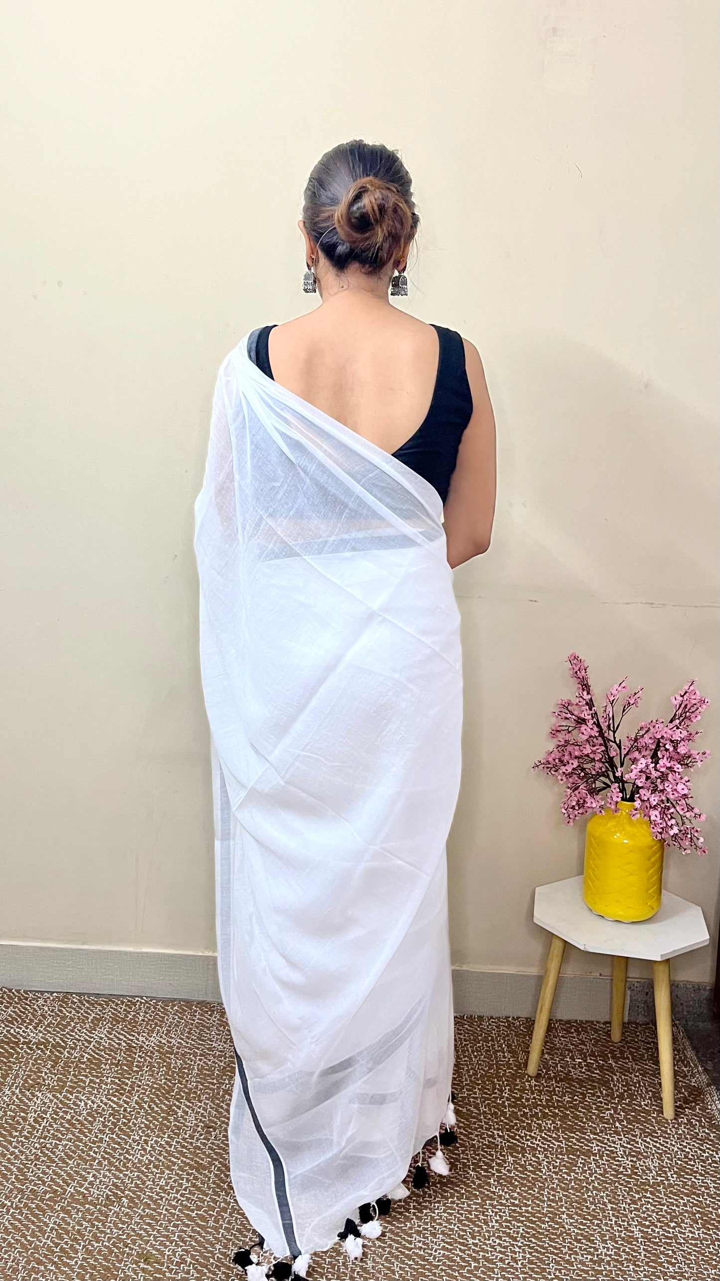 White Solid Mul Cotton Saree with Dual Stripes and Tassels