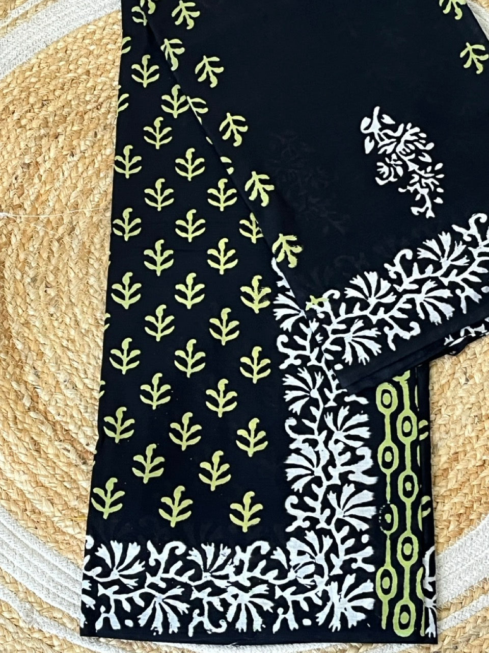 Black Flowers Handblock Printed Mul Cotton Saree