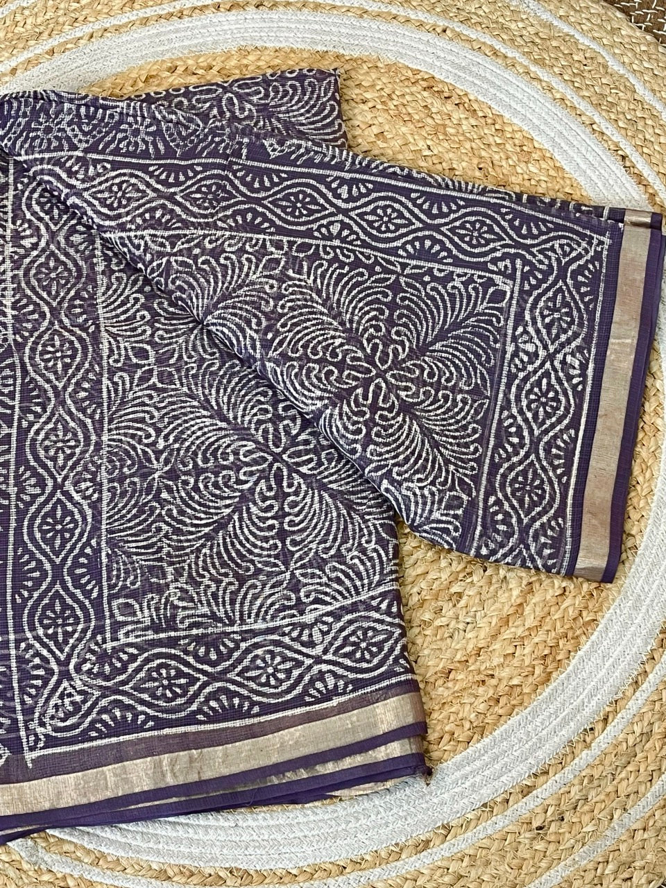 Purple Handblock Printed Cotton Kota Doriya Saree
