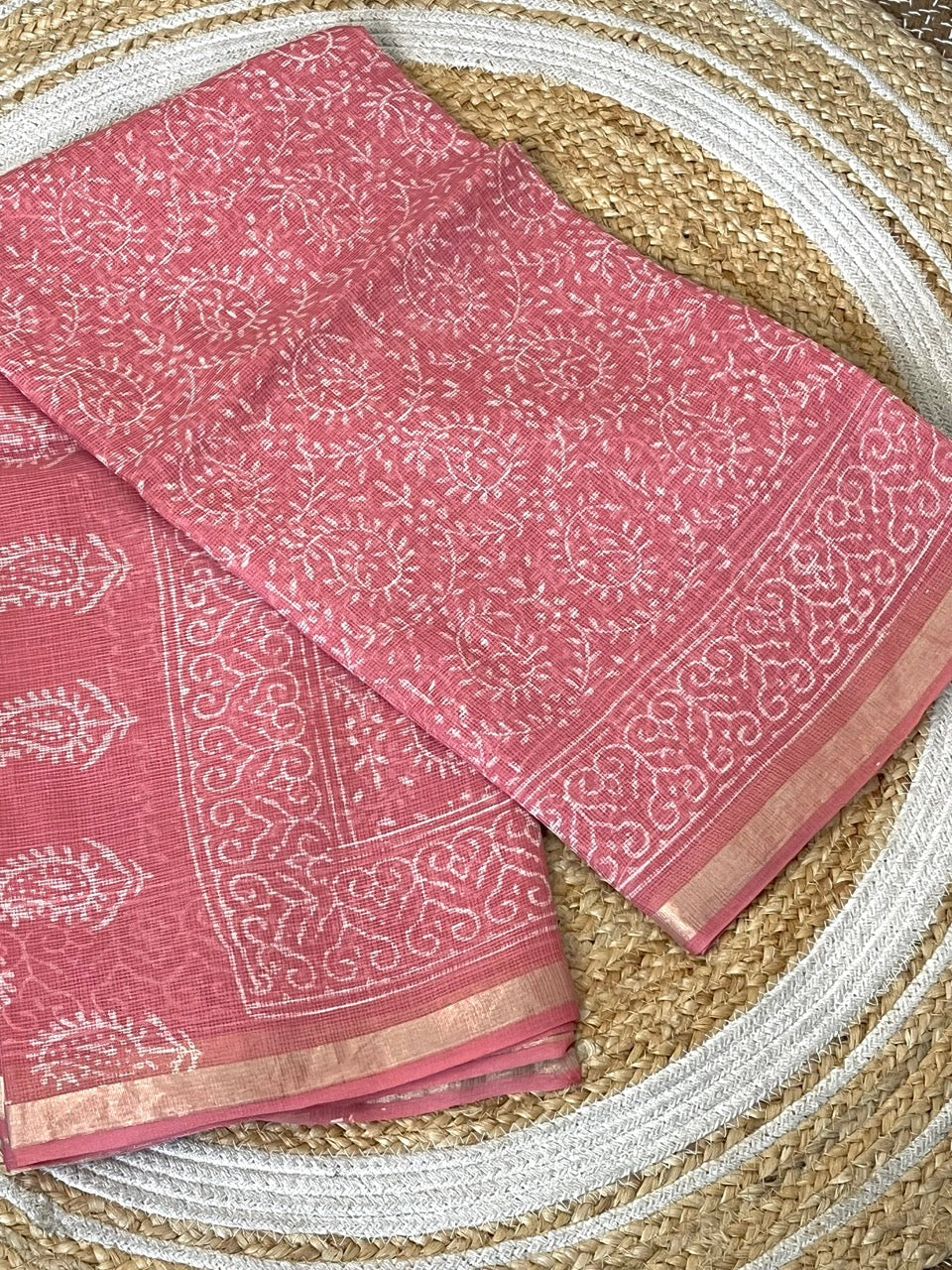 Pink Handblock Printed Cotton Kota Doriya Saree