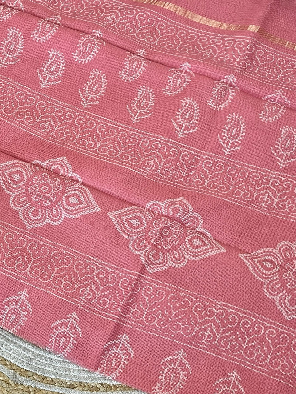 Pink Handblock Printed Cotton Kota Doriya Saree