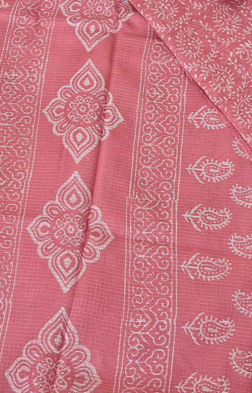 Pink Handblock Printed Cotton Kota Doriya Saree