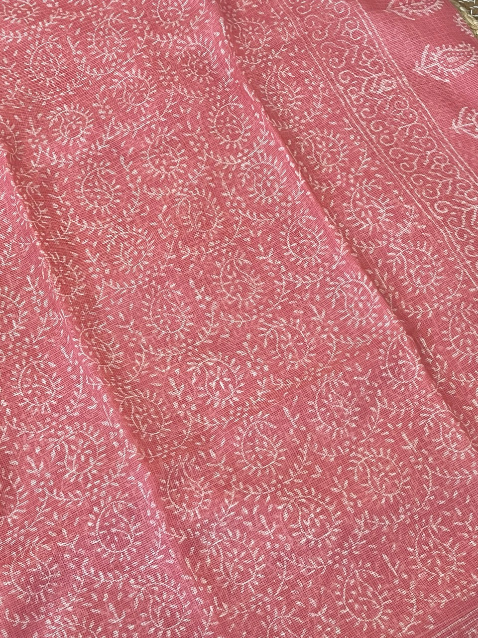 Pink Handblock Printed Cotton Kota Doriya Saree