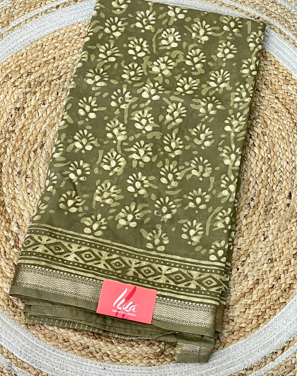 Mehendi Green Dabu Handblock Printed Maheshwari Silk Saree