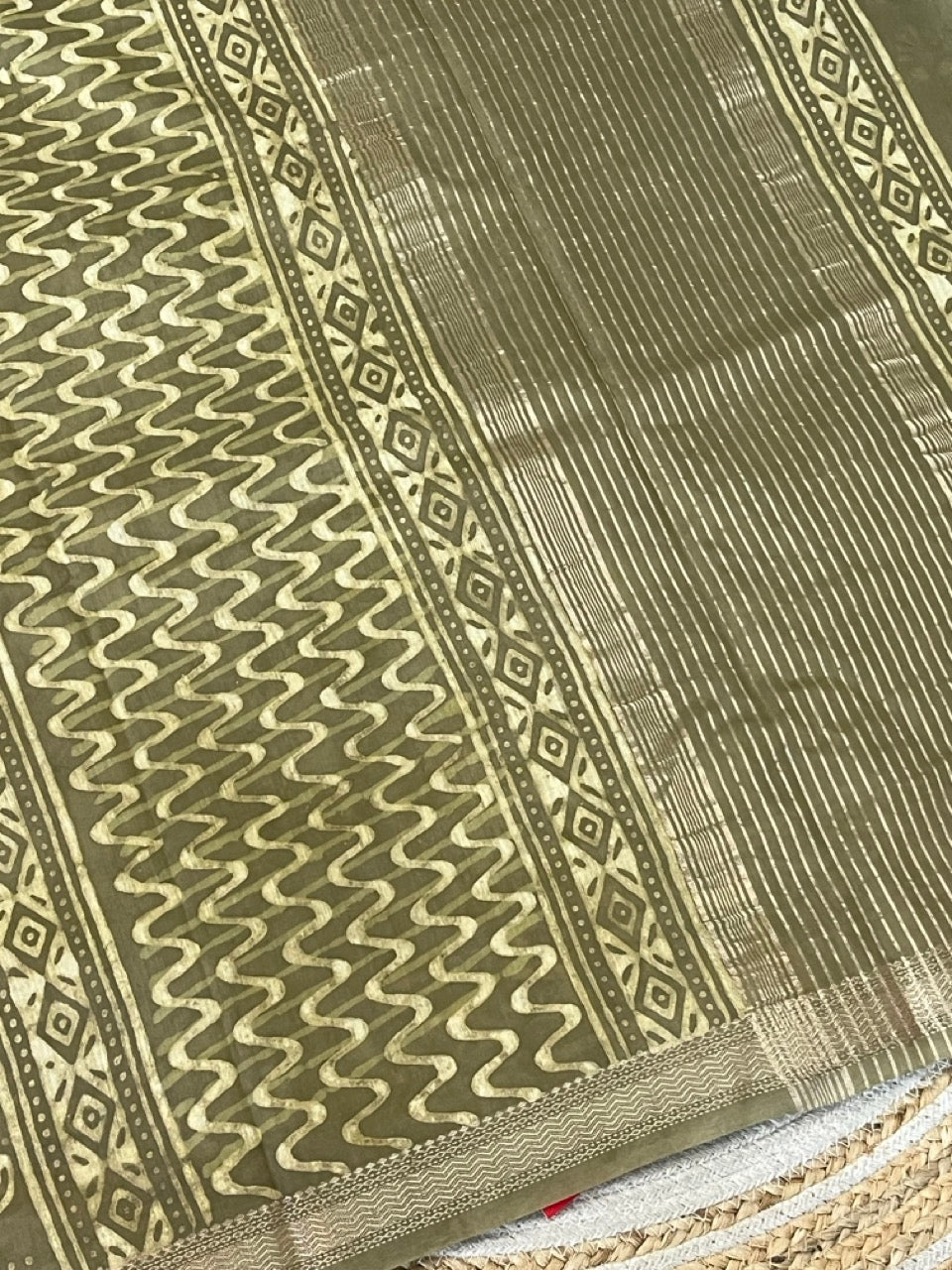 Mehendi Green Dabu Handblock Printed Maheshwari Silk Saree