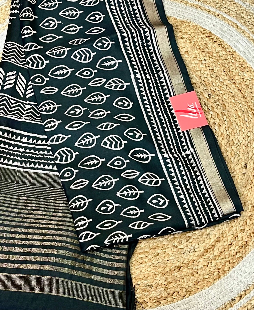 Black Handblock Printed Crepe Saree with Zari Border