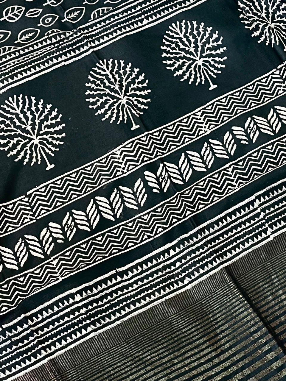Black Handblock Printed Crepe Saree