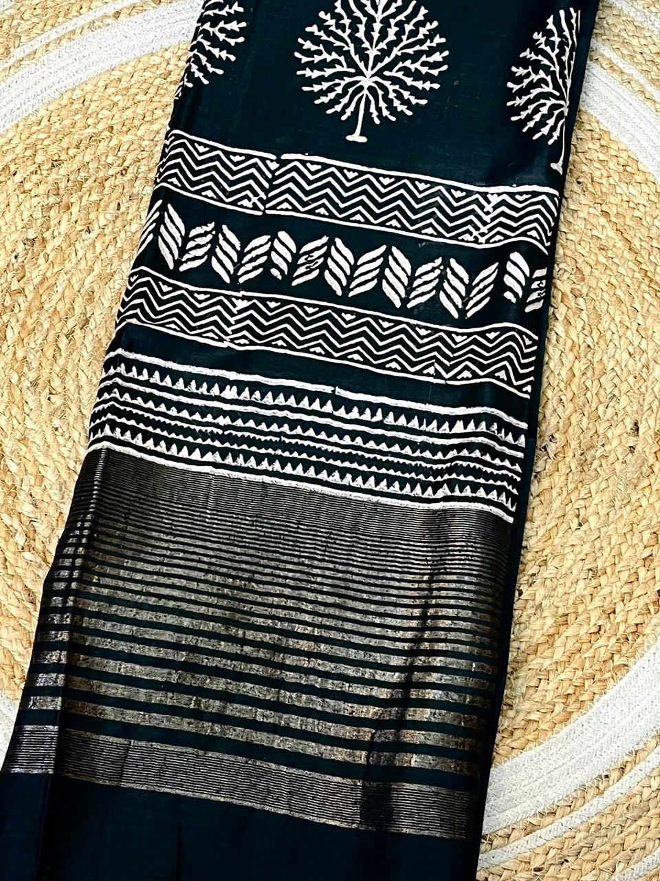 Black Handblock Printed Crepe Saree