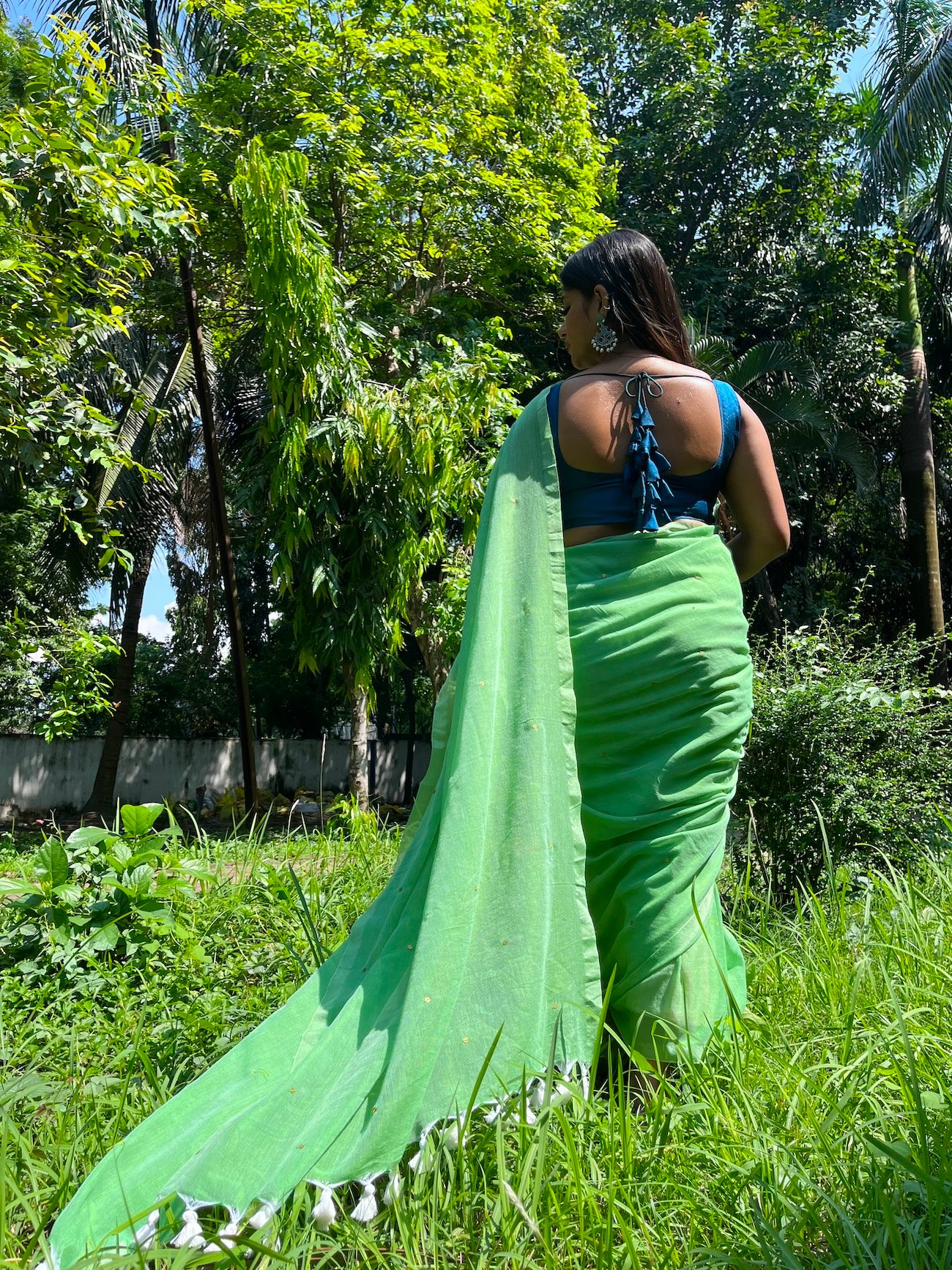 Green Mul Cotton Saree with All Over Golden Sequence & Tassels Saree Handloom saree, handcrafted saree, daily wear saree, office saree, affordable saree, saree for summers, Suta sarees, Eternity by Sakshi Sarees,