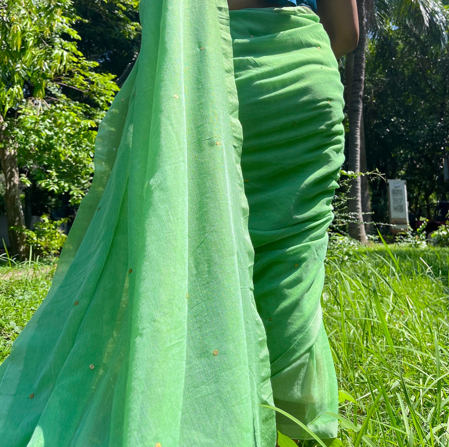 Green Mul Cotton Saree with All Over Golden Sequence & Tassels Saree Handloom saree, handcrafted saree, daily wear saree, office saree, affordable saree, saree for summers, Suta sarees, Eternity by Sakshi Sarees,