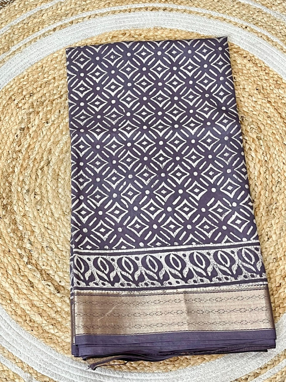 Purple Handblock Printed Maheshwari Silk Saree