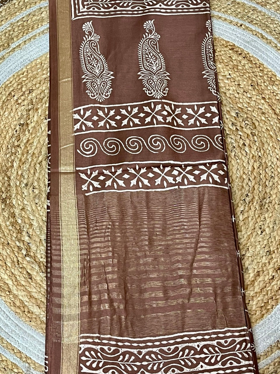 Brown Handblock Printed Crepe Saree