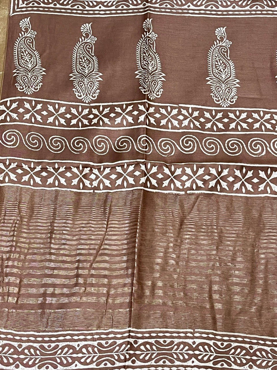 Brown Handblock Printed Crepe Saree with Zari Border