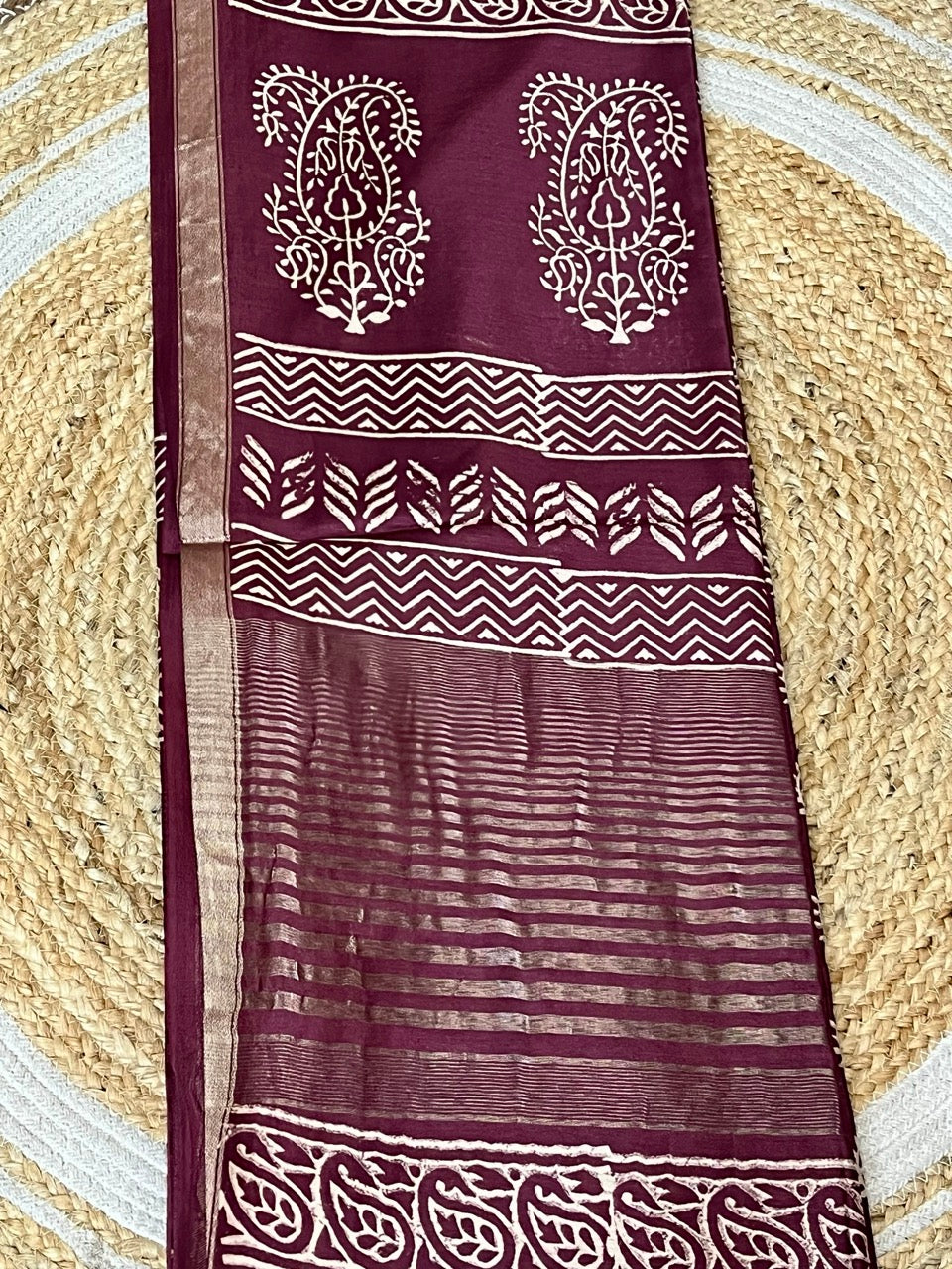 Maroon Handblock Printed Crepe Saree