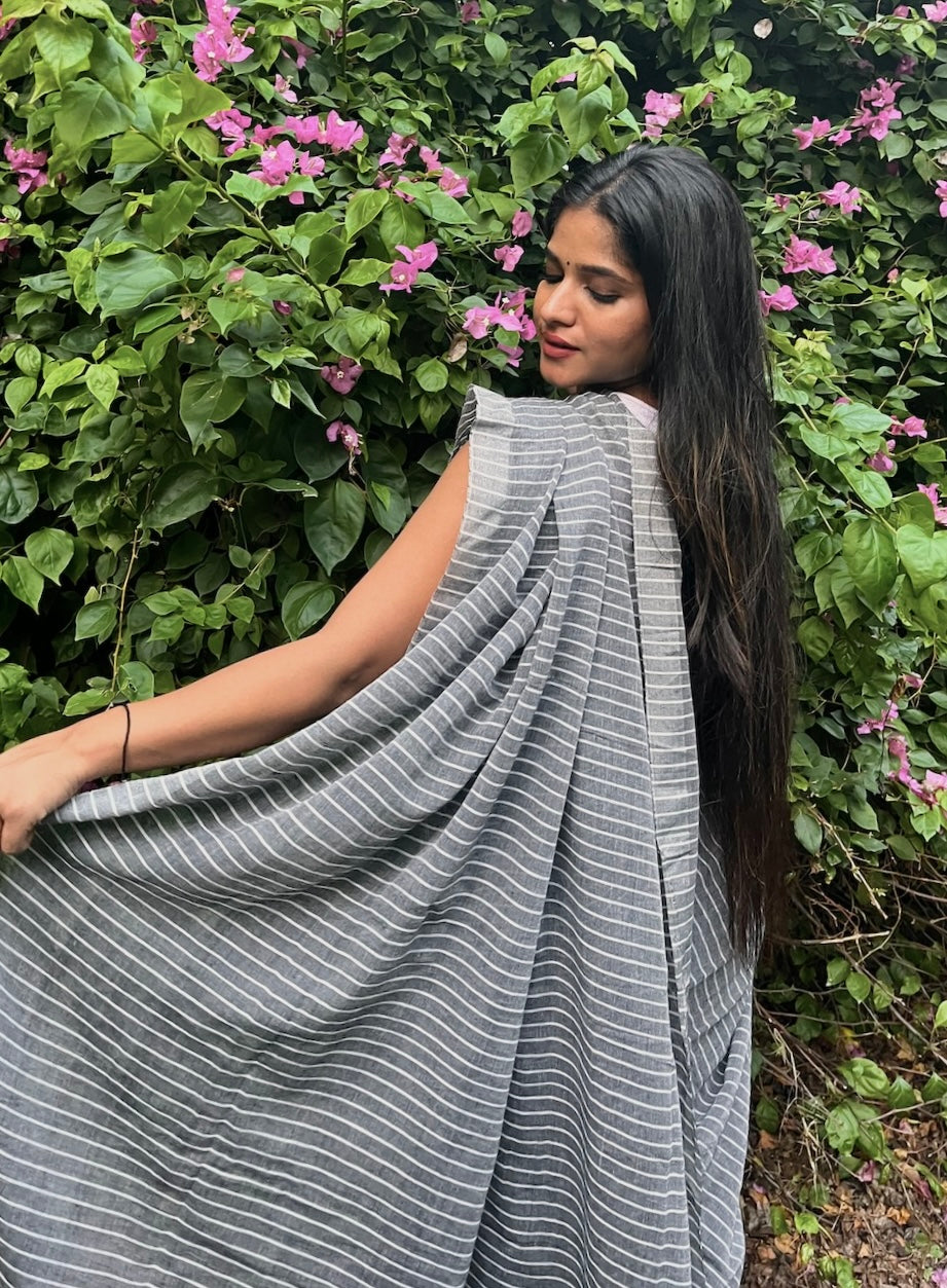Grey Khadi Cotton All Over Stripes Saree with Tassels Saree Handloom saree, handcrafted saree, daily wear saree, office saree, affordable saree, saree for summers, Suta sarees, Eternity by Sakshi Sarees,