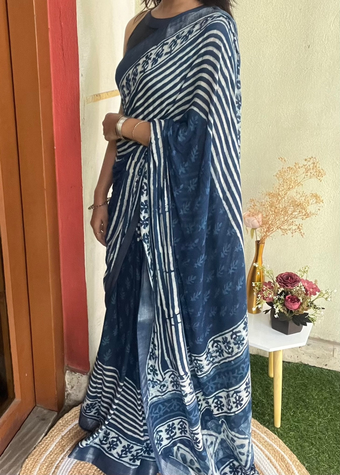 Indigo Blue Cotton Linen Saree with Bagru Handblock Print Saree Handloom saree, handcrafted saree, daily wear saree, office saree, affordable saree, saree for summers, Suta sarees, Eternity by Sakshi Sarees,