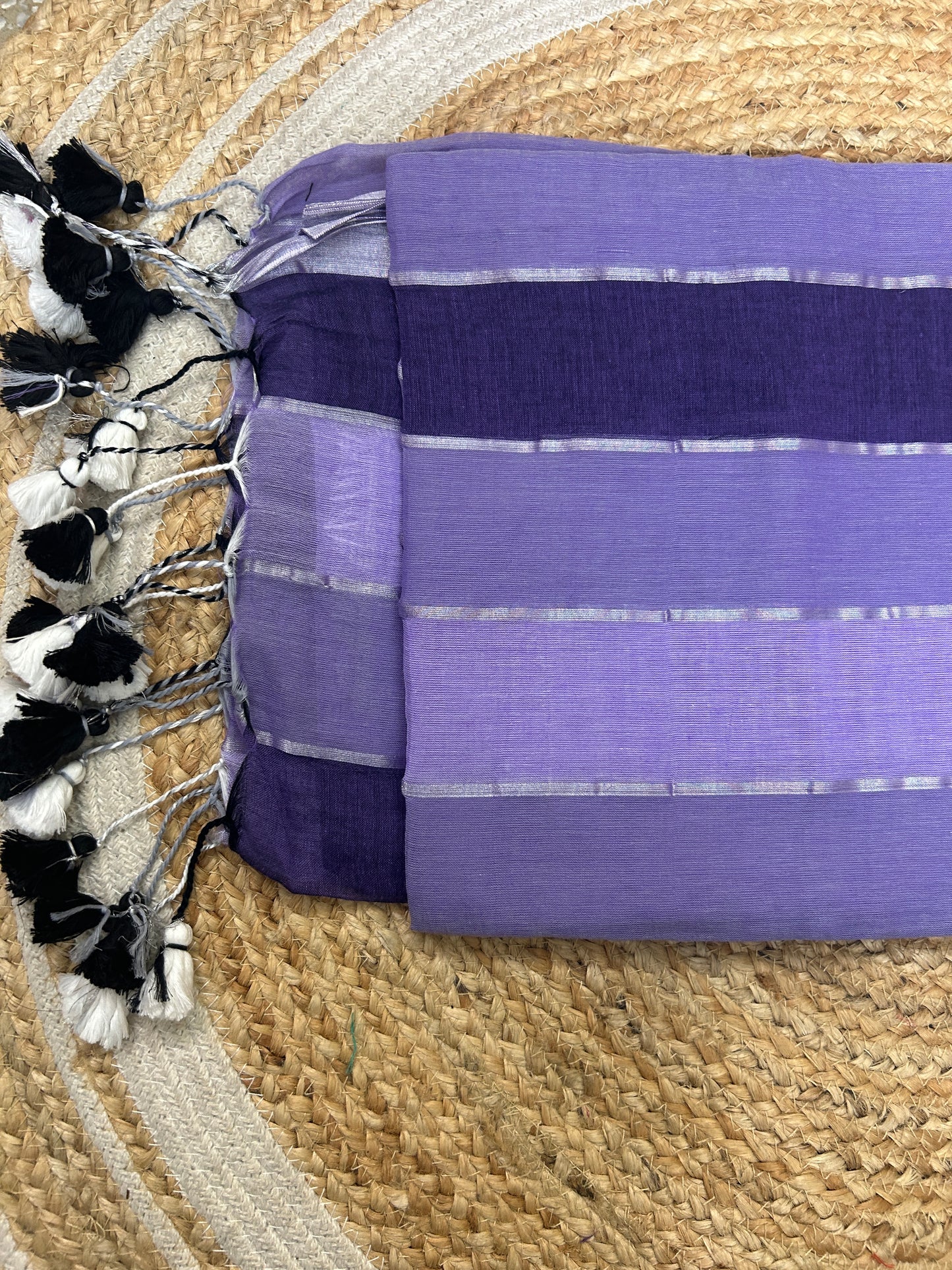 Purple Mul Cotton Saree with Broad Stripes and Tassels