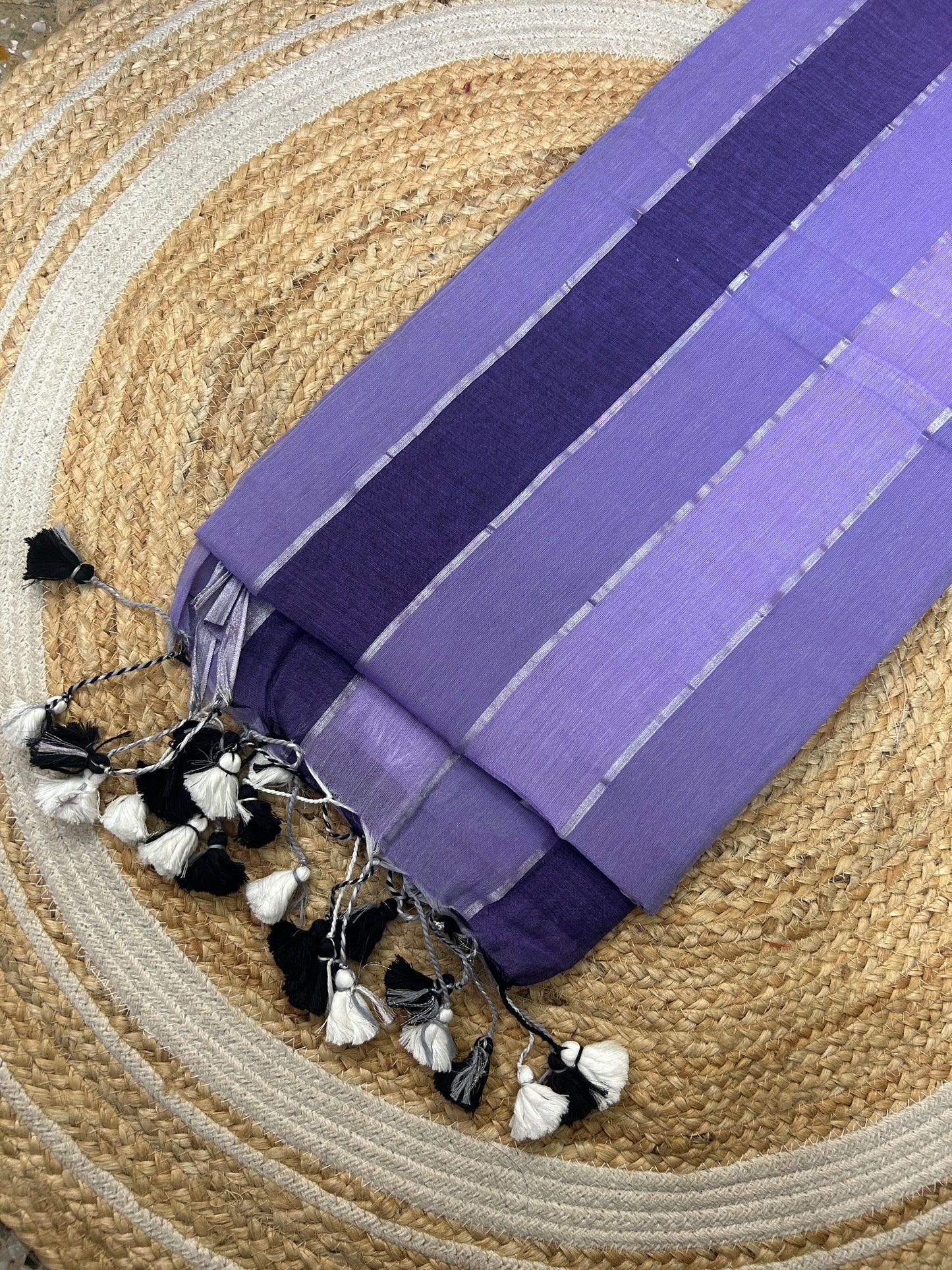 Purple Mul Cotton Saree with Broad Stripes and Tassels