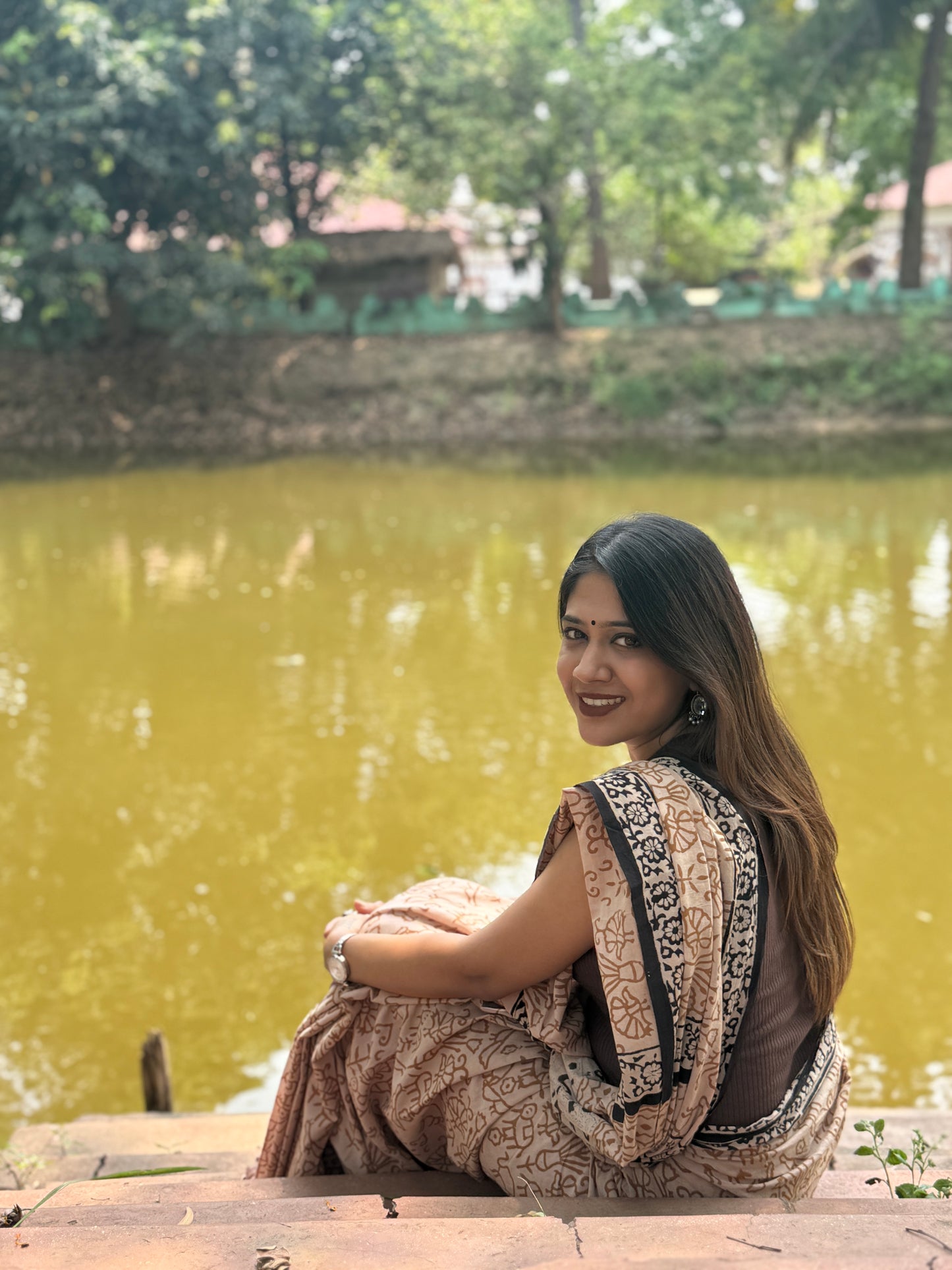 Brown Bagru Handblock Printed Mul Cotton Saree