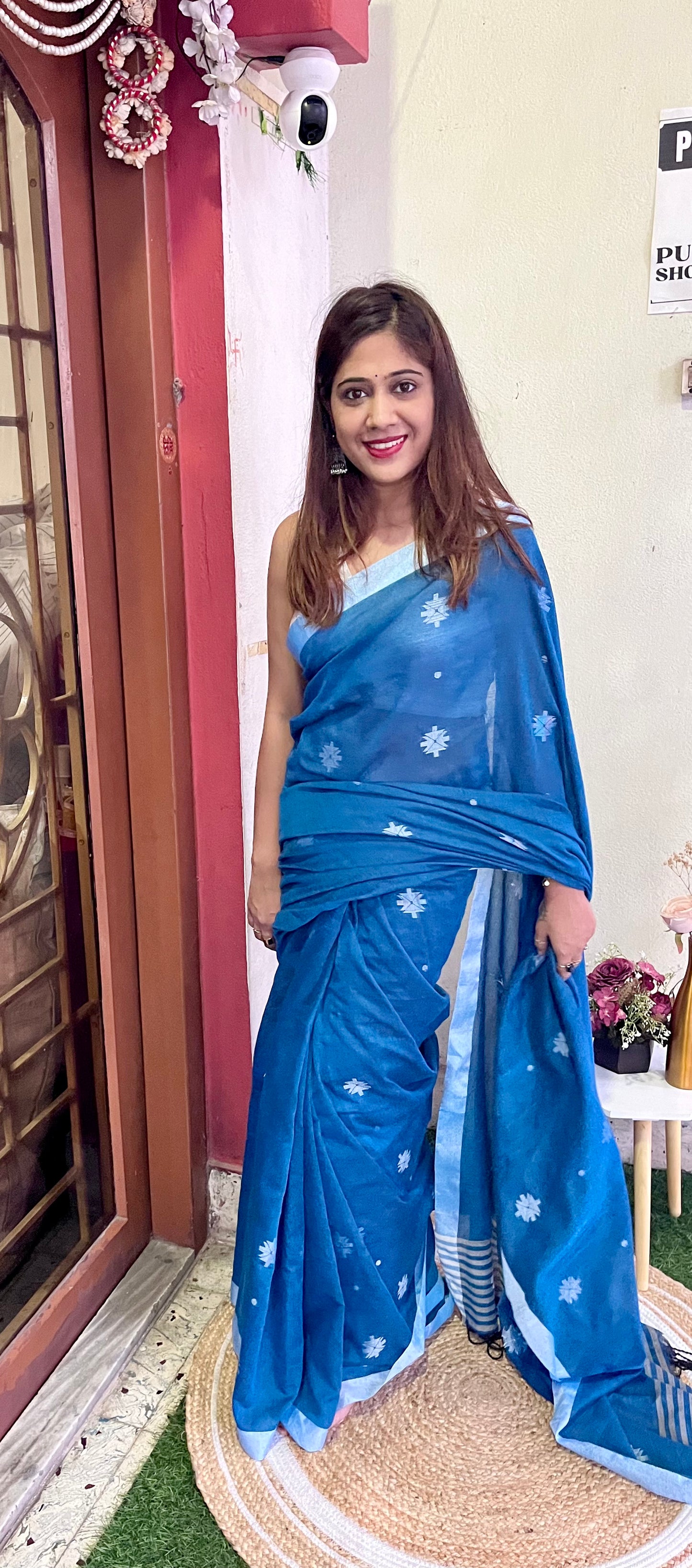 Blue Khadi Cotton with White Jamdani Weaving Saree Handloom saree, handcrafted saree, daily wear saree, office saree, affordable saree, saree for summers, Suta sarees, Eternity by Sakshi Sarees,