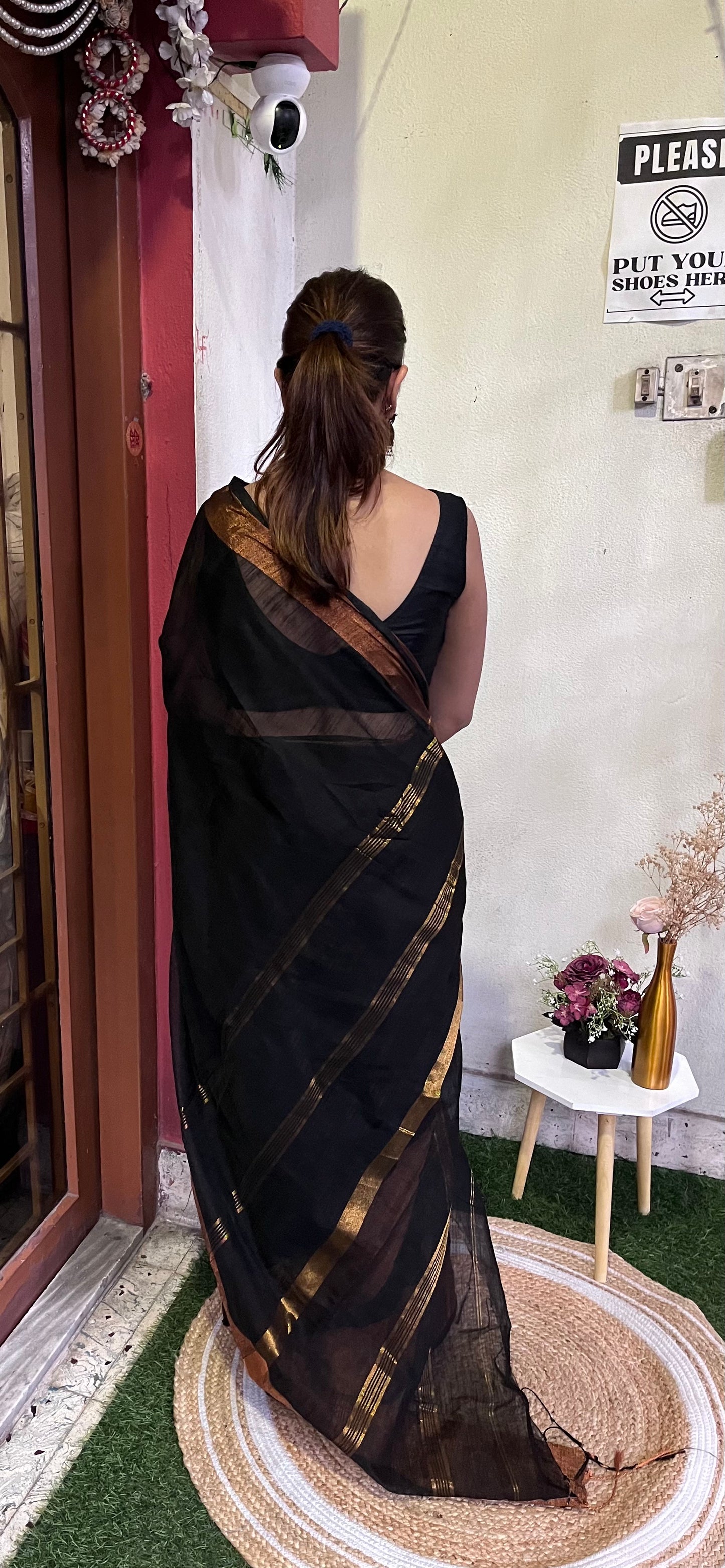 Black Solid Cotton Silk Saree with Gold and Copper Zari Stripes Saree Handloom saree, handcrafted saree, daily wear saree, office saree, affordable saree, saree for summers, Suta sarees, Eternity by Sakshi Sarees,