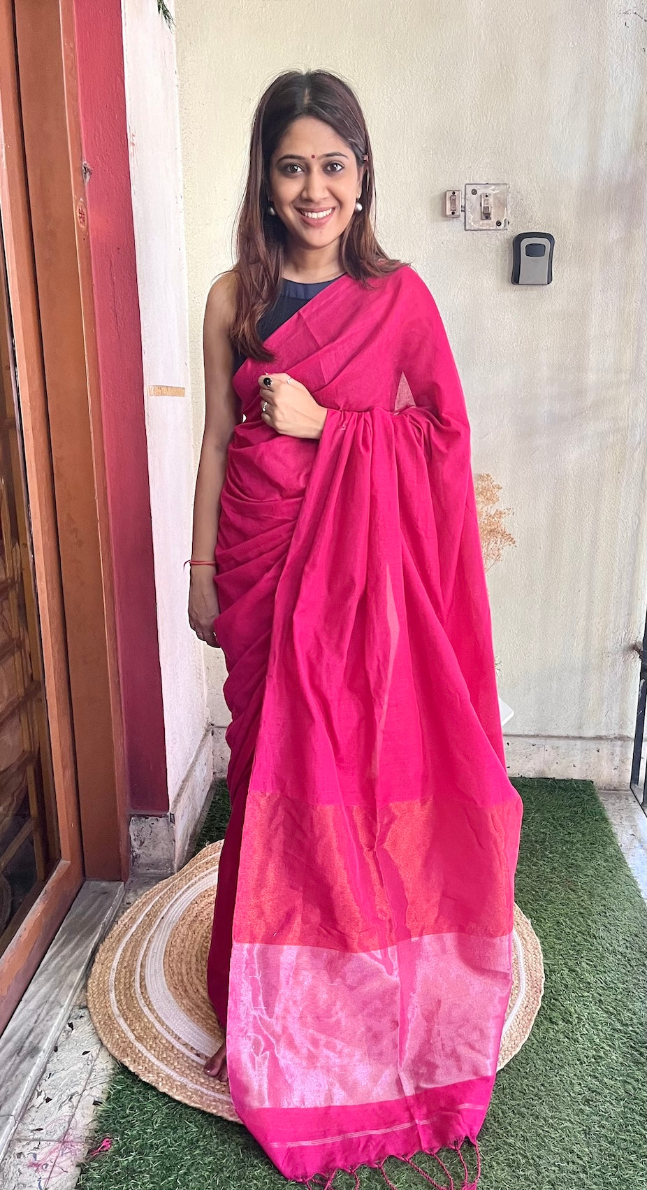 Pink Khadi Cotton with Silver & Copper Zari Palla Saree Handloom saree, handcrafted saree, daily wear saree, office saree, affordable saree, saree for summers, Suta sarees, Eternity by Sakshi Sarees,