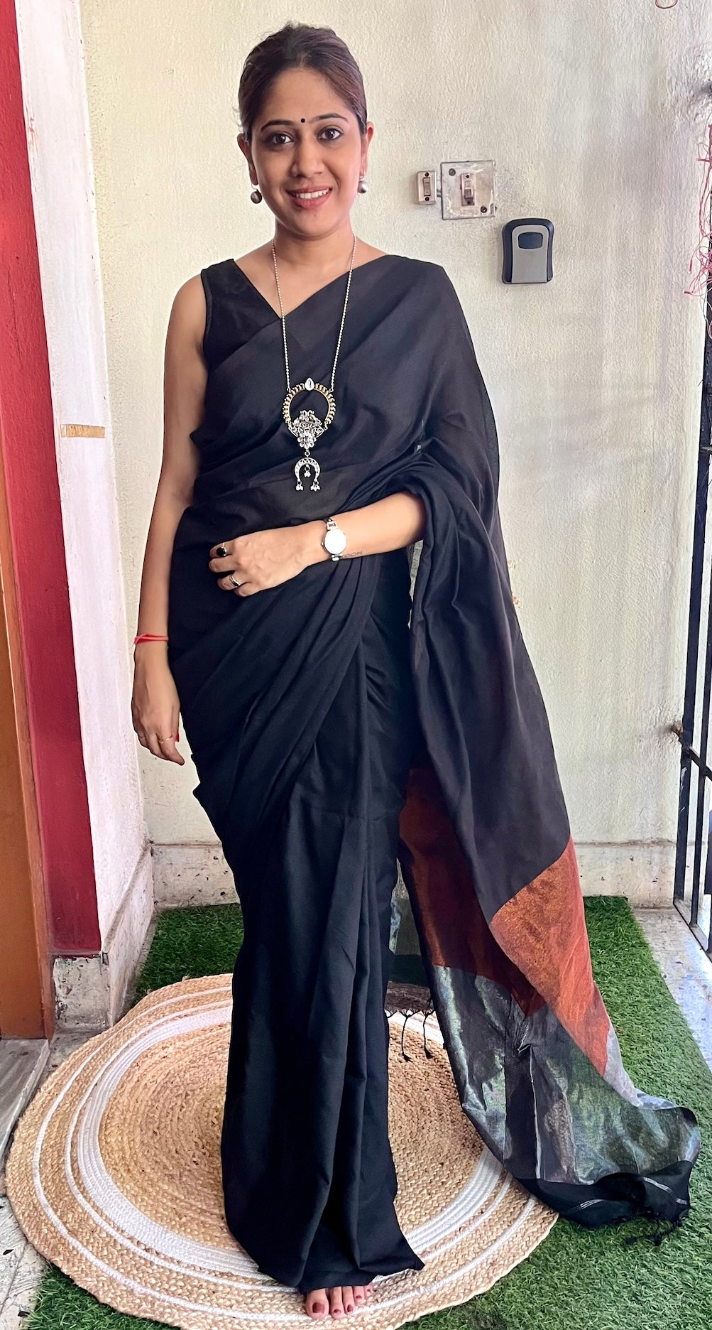 Black Khadi Cotton with Silver & Copper Zari Palla Saree Handloom saree, handcrafted saree, daily wear saree, office saree, affordable saree, saree for summers, Suta sarees, Eternity by Sakshi Sarees,