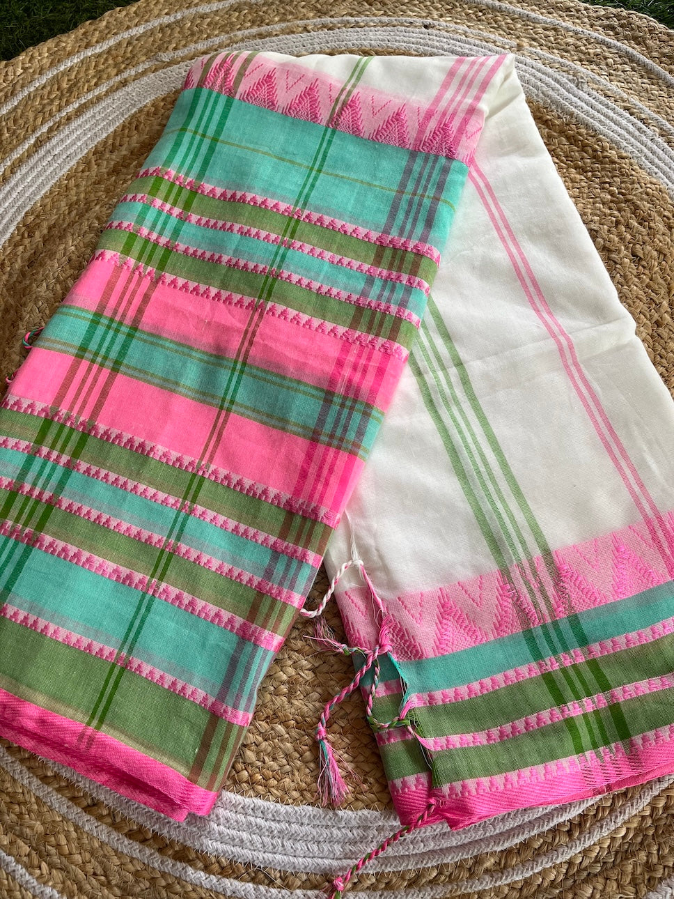 White Begumpuri Cotton Saree with Multicolored Border Saree Handloom saree, handcrafted saree, daily wear saree, office saree, affordable saree, saree for summers, Suta sarees, Eternity by Sakshi Sarees,