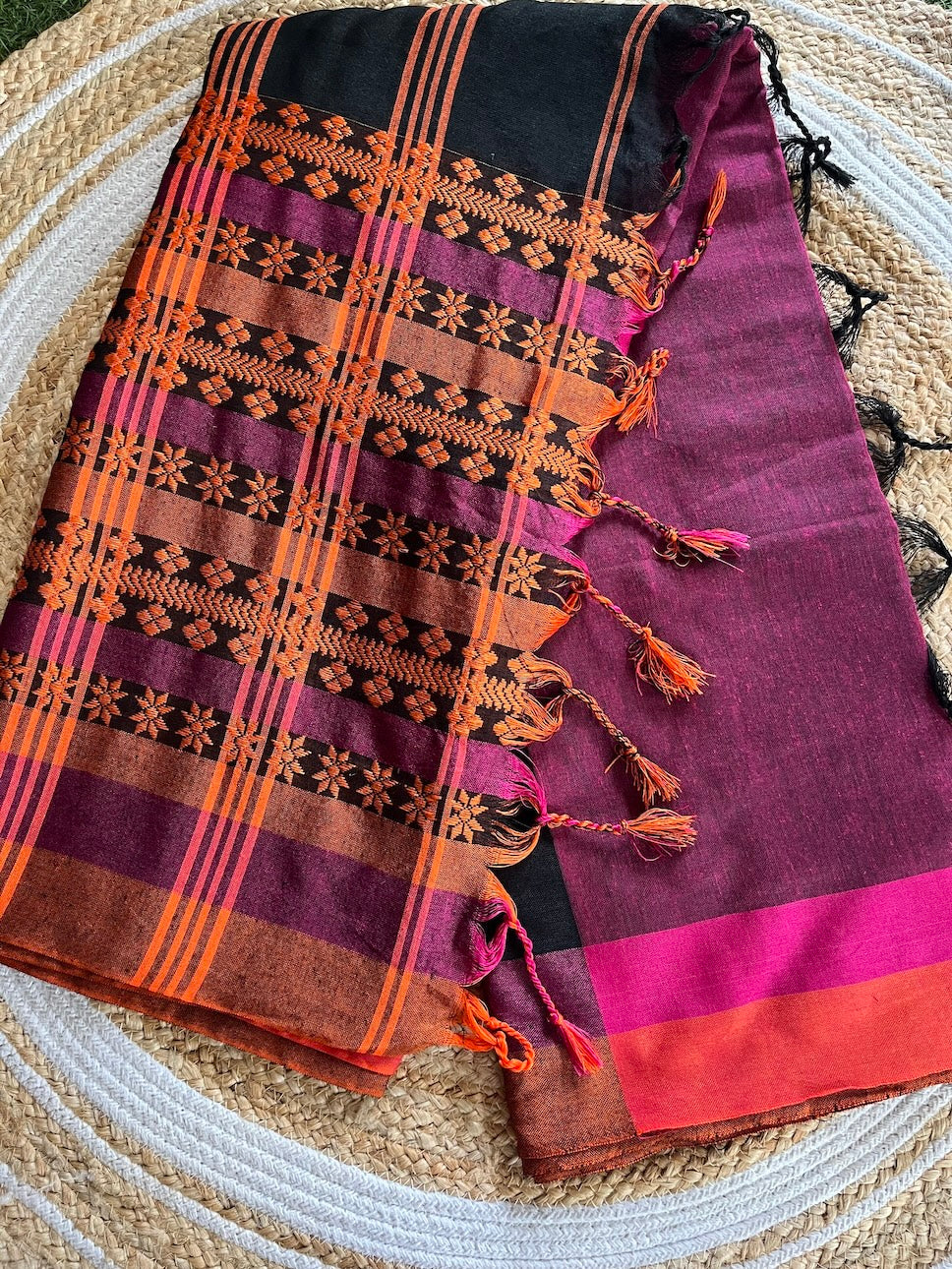 Black Begumpuri Cotton Saree with Heavy Orange Embrodiered Border Saree Handloom saree, handcrafted saree, daily wear saree, office saree, affordable saree, saree for summers, Suta sarees, Eternity by Sakshi Sarees,
