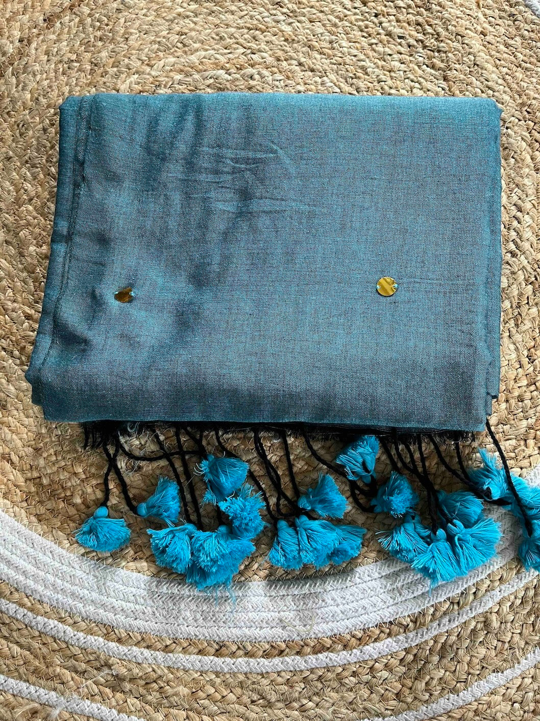 Steel Blue Mul Cotton Saree with All Over Golden Ginni Saree Handloom saree, handcrafted saree, daily wear saree, office saree, affordable saree, saree for summers, Suta sarees, Eternity by Sakshi Sarees,