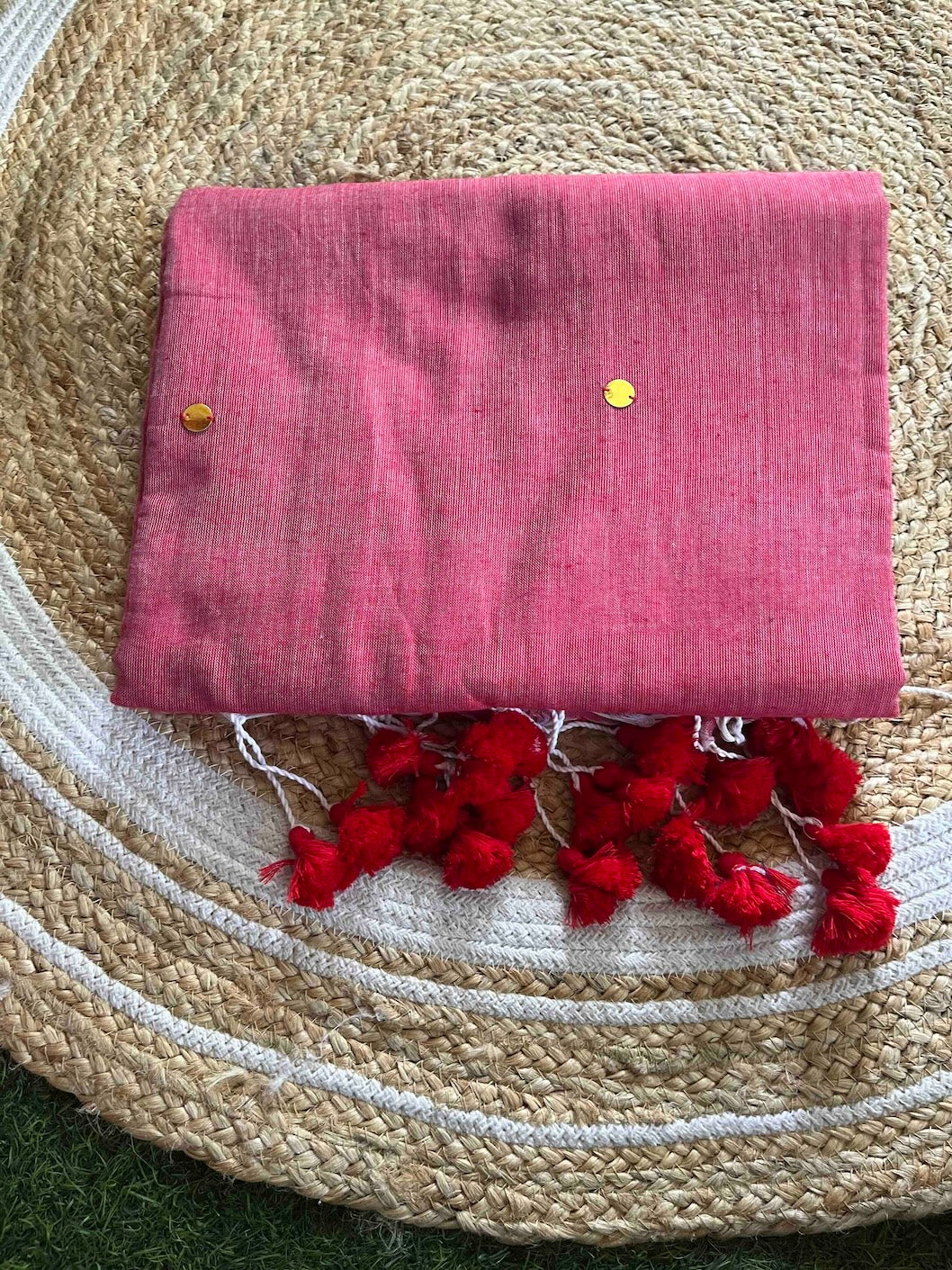 Peachy Pink Mul Cotton Saree with All Over Golden Ginni Saree Handloom saree, handcrafted saree, daily wear saree, office saree, affordable saree, saree for summers, Suta sarees, Eternity by Sakshi Sarees,