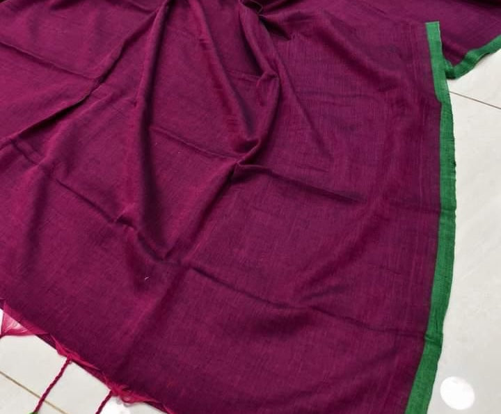 Purple Solid Khadi Cotton Saree with Green Border and Tassels (Copy) Saree Handloom saree, handcrafted saree, daily wear saree, office saree, affordable saree, saree for summers, Suta sarees, Eternity by Sakshi Sarees,
