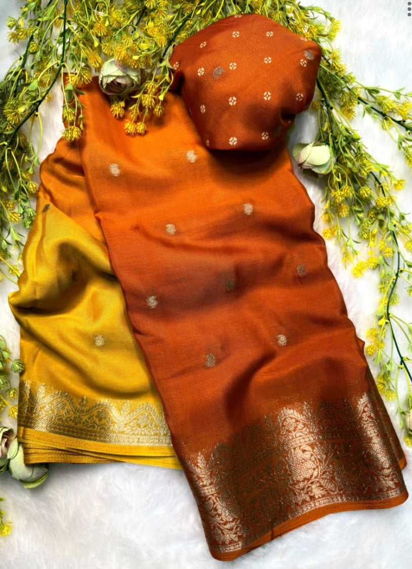 Yellow & Orange Shaded Italian Soft Silk with all Over Buti Weaving