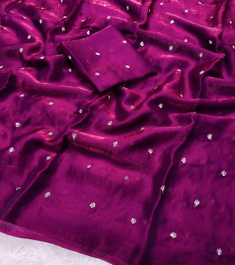 Deep Purple Space Satin Saree with All Over Sequins Work Saree