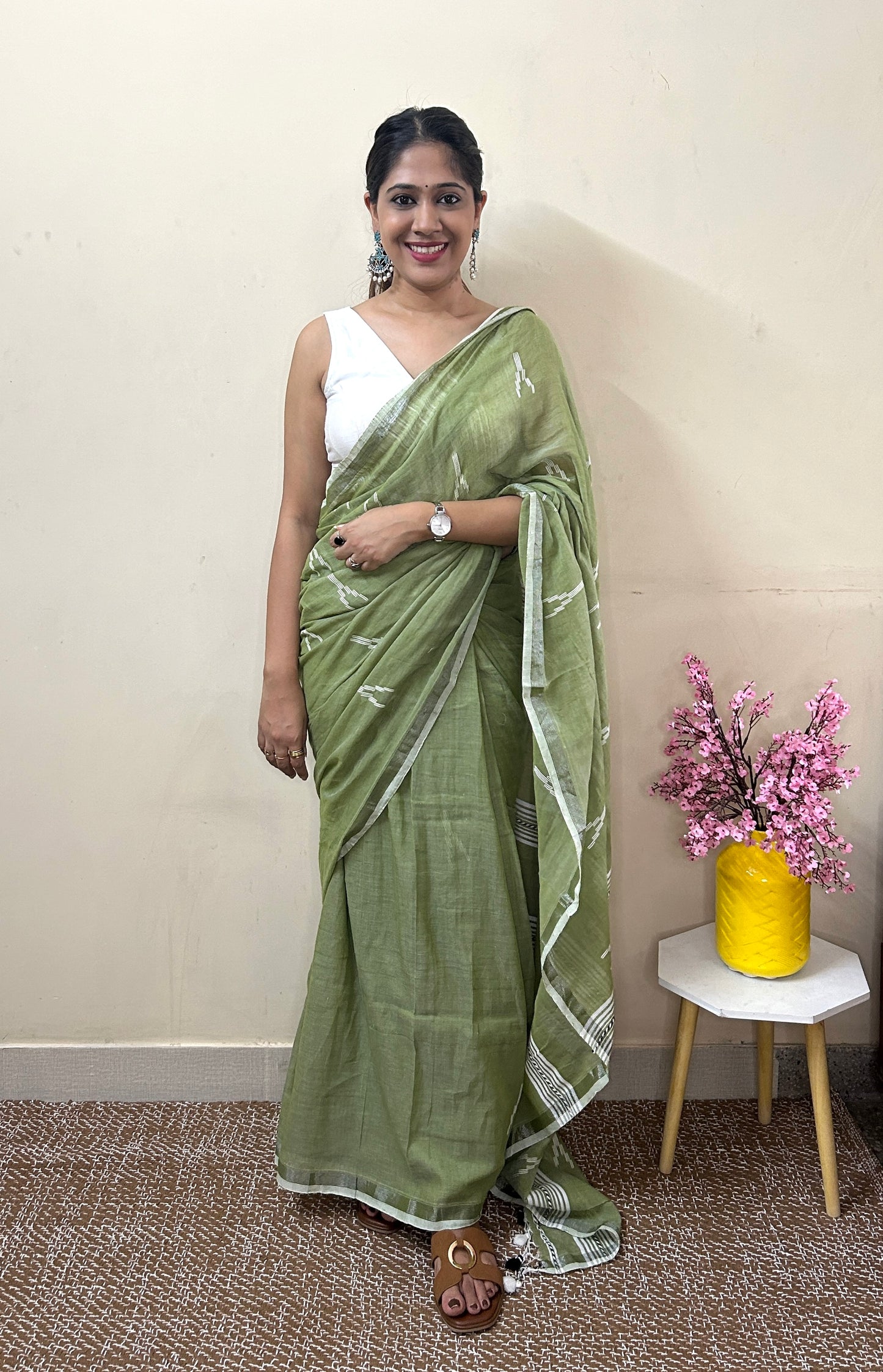 Green Pure Cotton Handloom Saree with Heavy Jamdani on Aanchal and Palla