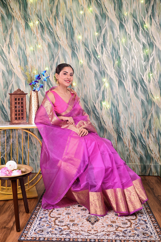 Lilac Organza Tissue Saree With Gold Zari Border Saree Handloom saree, handcrafted saree, daily wear saree, office saree, affordable saree, saree for summers, Suta sarees, Eternity by Sakshi Sarees,