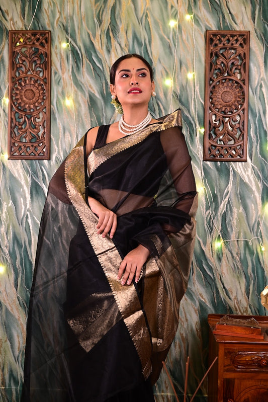 Black Organza Tissue Saree With Gold Zari Border Saree Handloom saree, handcrafted saree, daily wear saree, office saree, affordable saree, saree for summers, Suta sarees, Eternity by Sakshi Sarees,