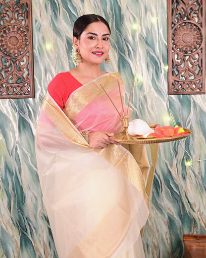 Cream Organza Tissue Saree With Gold Zari Border Saree Handloom saree, handcrafted saree, daily wear saree, office saree, affordable saree, saree for summers, Suta sarees, Eternity by Sakshi Sarees,