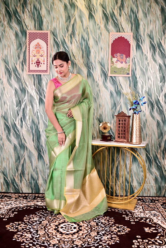 Green Semi Silk Banarasi Saree with All Over Stripes Saree Handloom saree, handcrafted saree, daily wear saree, office saree, affordable saree, saree for summers, Suta sarees, Eternity by Sakshi Sarees,