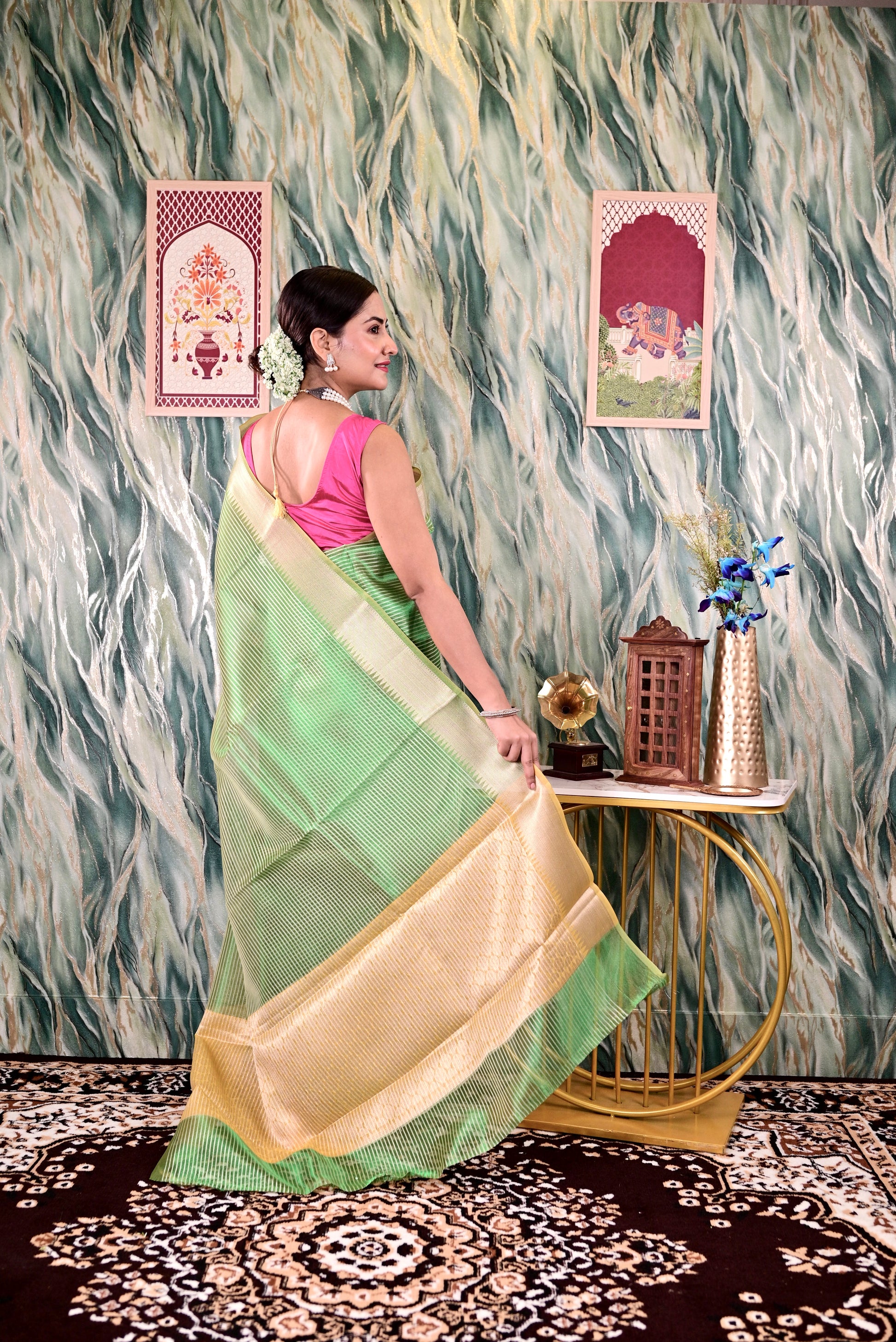 Green Semi Silk Banarasi Saree with All Over Stripes Saree Handloom saree, handcrafted saree, daily wear saree, office saree, affordable saree, saree for summers, Suta sarees, Eternity by Sakshi Sarees,