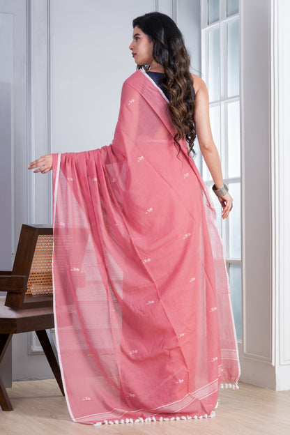 Peach Jamdani Handloom Mul Cotton Saree with Tassels