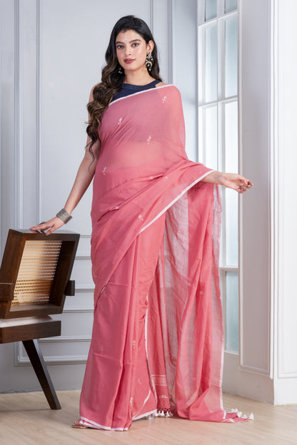 Peach Jamdani Handloom Mul Cotton Saree with Tassels
