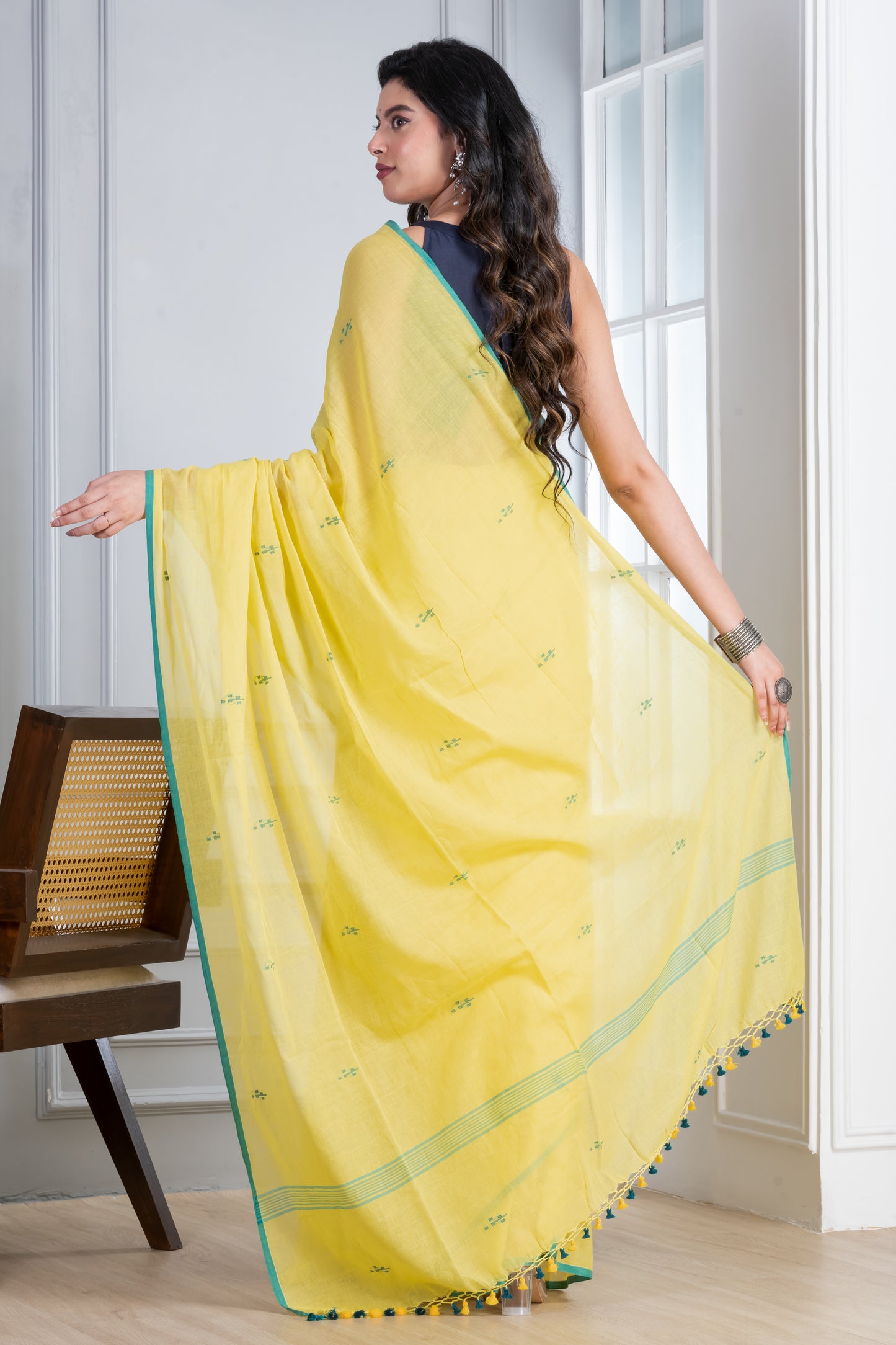 Light Yellow Jamdani Handloom Mul Cotton Saree with Tassels