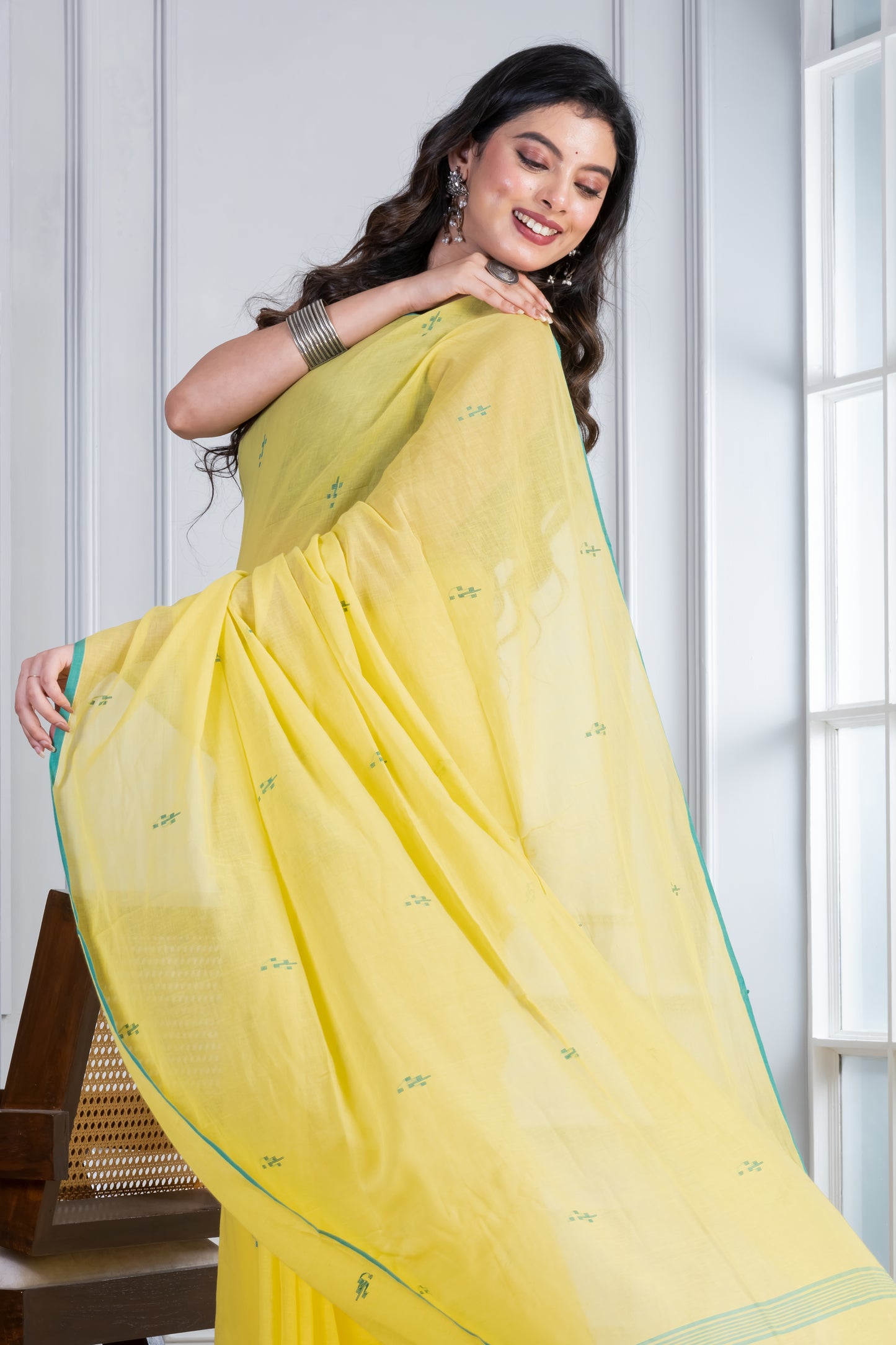 Light Yellow Jamdani Handloom Mul Cotton Saree with Tassels